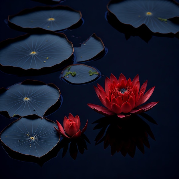 A vibrant red lotus water lily blooming gracefully on the calm AI_Generated