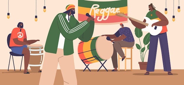 Vector vibrant reggae musicians captivate the crowd on stage artist characters swaying to the rhythm delivering soulful melodies and spreading positive rastafarian vibes cartoon people vector illustration