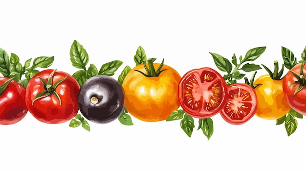 Vector vibrant ripe tomatoes watercolor border seamless pattern