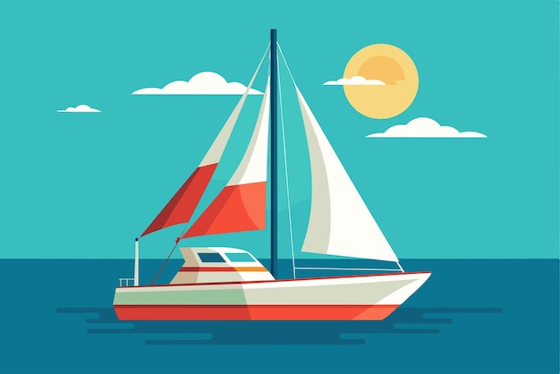 Vector a vibrant sailboat with red and white sails glides smoothly across turquoise waters on a sunny day sail boat customizable flat illustration