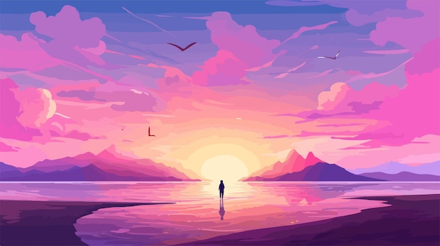 Vector vibrant seascape sunset with purple yellow and pink tones