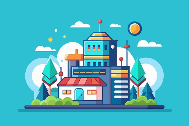 A vibrant semiflat illustration features a modern building surrounded by trees and clouds under a bright sun