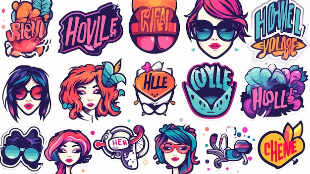 Vector vibrant set of street art stickers with wow lettering