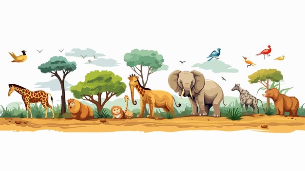 Vector vibrant set of wild animals in beautiful landscape illustration