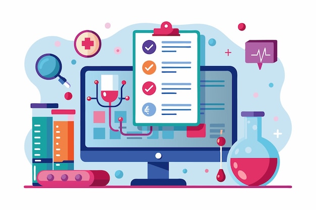 Vector a vibrant setting showcases a computer displaying medical charts surrounded by laboratory equipment like flasks and beakers illustrating healthcare innovation