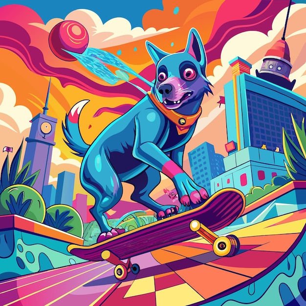 Vibrant Skateboarding Dog in a Colorful City Generative AI