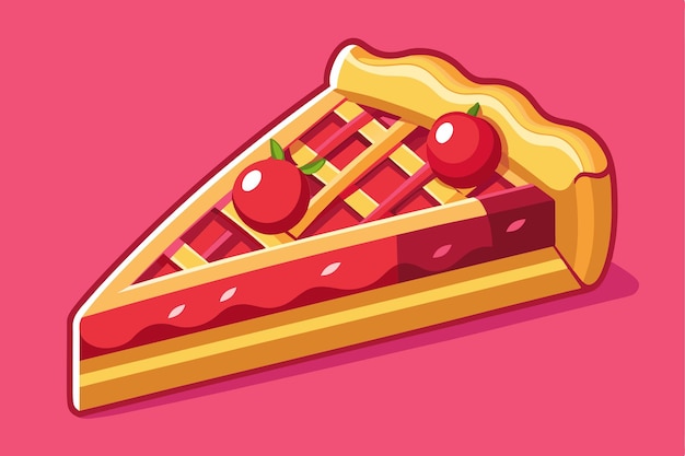 Vector a vibrant slice of cherry pie topped with cherries sits against a playful pink backdrop showcasing its delicious filling and golden crust