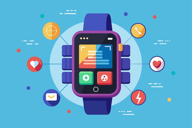 Vector a vibrant smartwatch features unique app icons and a flexible design showcasing digital capabilities smartwatch customizable disproportionate illustration