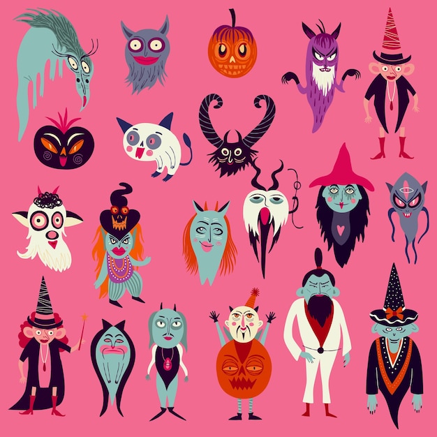 Vibrant Strange ugly Halloween characters Cute bizarre comic characters in modern flat hand drawn style