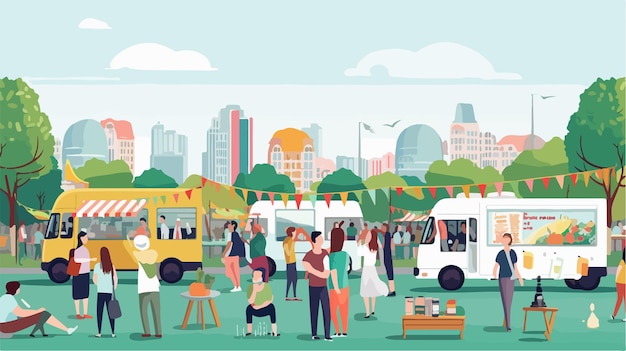 Vibrant Street Food Festival in City Park with Food Trucks and Mobile Cafes