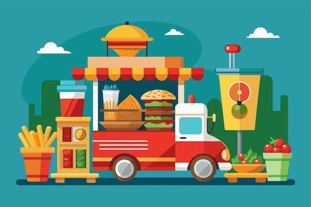 Vector a vibrant street food truck showcases delicious burgers fries and refreshing drinks inviting customers to enjoy street food customizable flat illustration