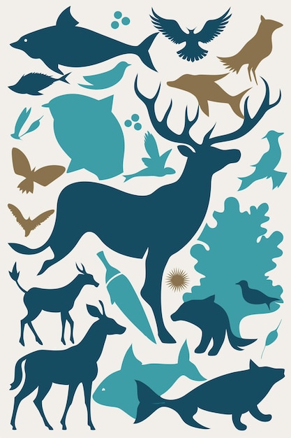 Vector a vibrant stylized illustration of various animals in a silhouette design the bold