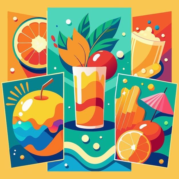 Vector vibrant summer beverage illustrations refreshing drinks and popsicles