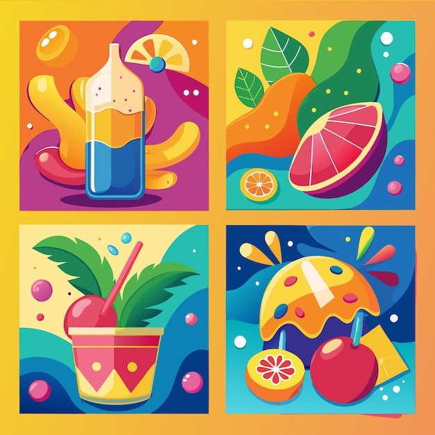 Vector vibrant summer beverage illustrations refreshing drinks and popsicles