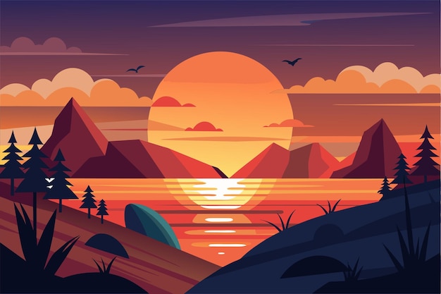 A vibrant sunset casts warm colors over mountains and calm waters creating a peaceful atmosphere with trees and birds Sunset Customizable Semi Flat Illustration