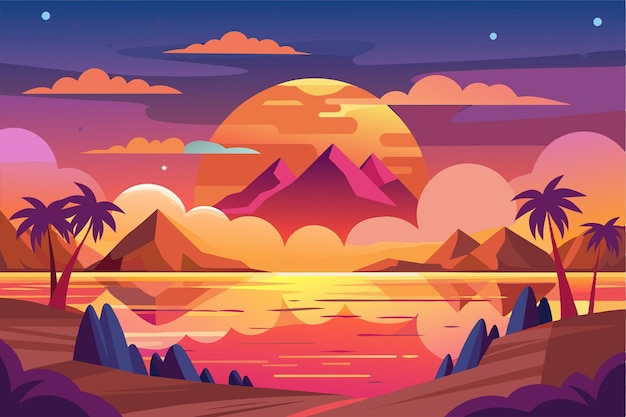 A vibrant sunset casts warm colors over mountains and palms reflecting beautifully on the waters surface Sunset Customizable Cartoon Illustration