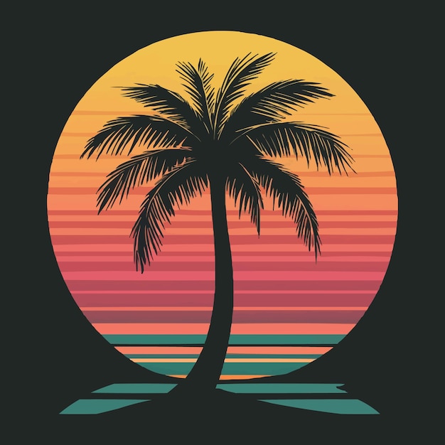 Vibrant Sunset Framed by Palm Silhouettes and Bold Stripes TShirt Design