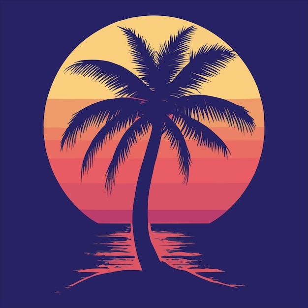 Vibrant Sunset Framed by Palm Silhouettes and Bold Stripes TShirt Design