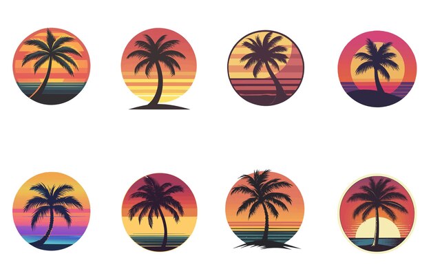 Vibrant Sunset Framed by Palm Silhouettes and Bold Stripes TShirt Design