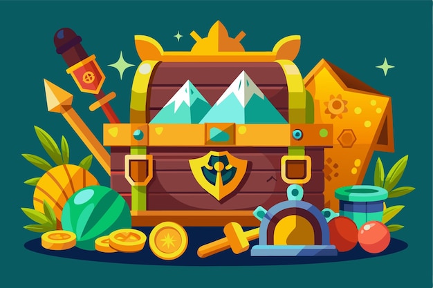 A vibrant treasure chest filled with gems coins and various adventure items set against a colorful playful backdrop