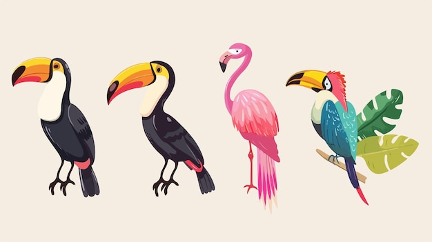 Vector vibrant tropical birds collection toucan flamingo parrot hummingbird exotic bird species in lush env