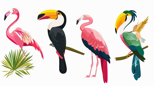 Vector vibrant tropical birds collection toucan flamingo parrot hummingbird exotic bird species in lush env