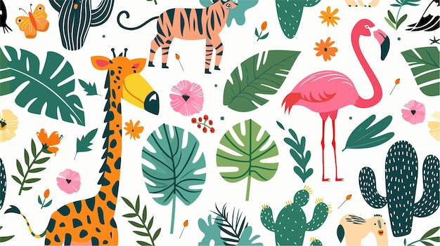 Vibrant Tropical Seamless Pattern with Toucan and Flamingos