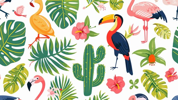 Vector vibrant tropical seamless pattern with toucan and flamingos