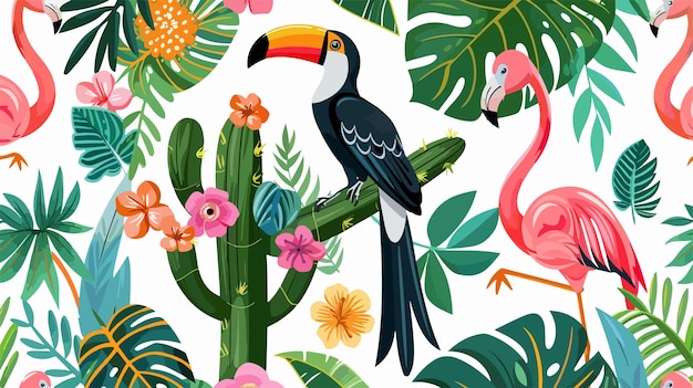 Vector vibrant tropical seamless pattern with toucan and flamingos