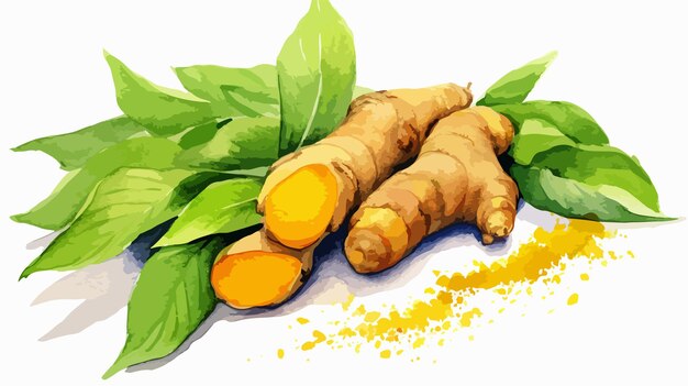 Vector vibrant turmeric root green leaf and powder watercolor art