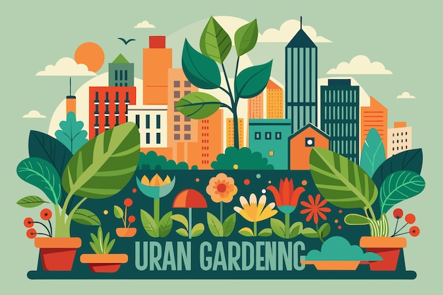 Vector a vibrant urban garden showcasing diverse plants flowers and buildings under a bright sun illustrating harmony between nature and city life in modern design