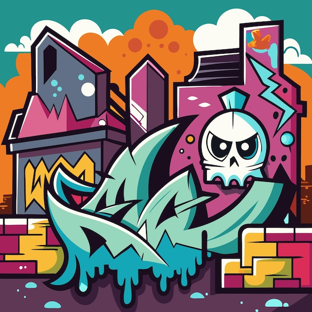 Vector vibrant urban skull art with bold colors and dynamic elements