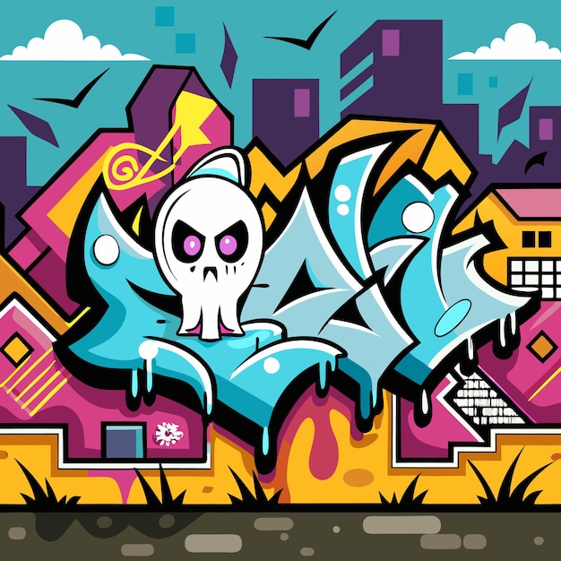 Vector vibrant urban skull art with bold colors and dynamic elements