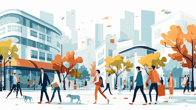 Vector vibrant urban street scene with flat vector people walking