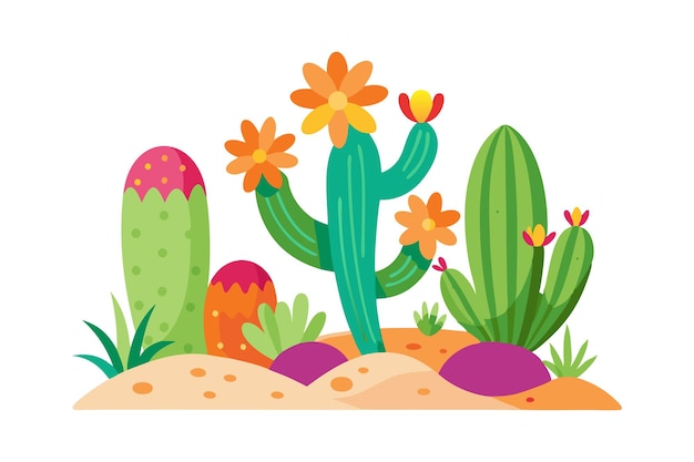 Vector vibrant vector illustration of cacti and desert flora with colorful flowers on sandy terrain