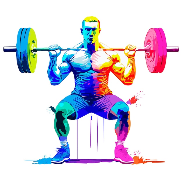 Vector vibrant vector illustration of a weightlifter performing a barbell squat with watercolor effect