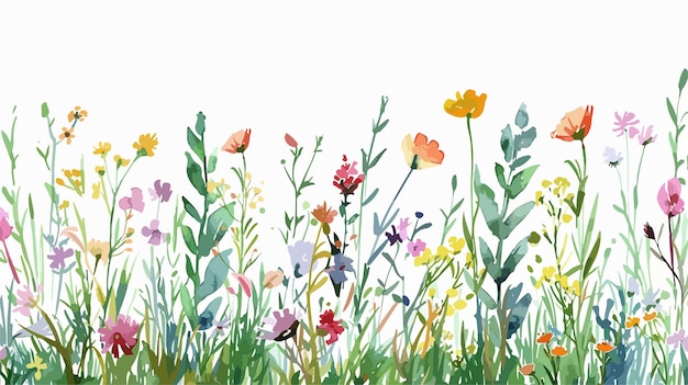 Vibrant Watercolor Background with Grass and Flowers Vector Illustration