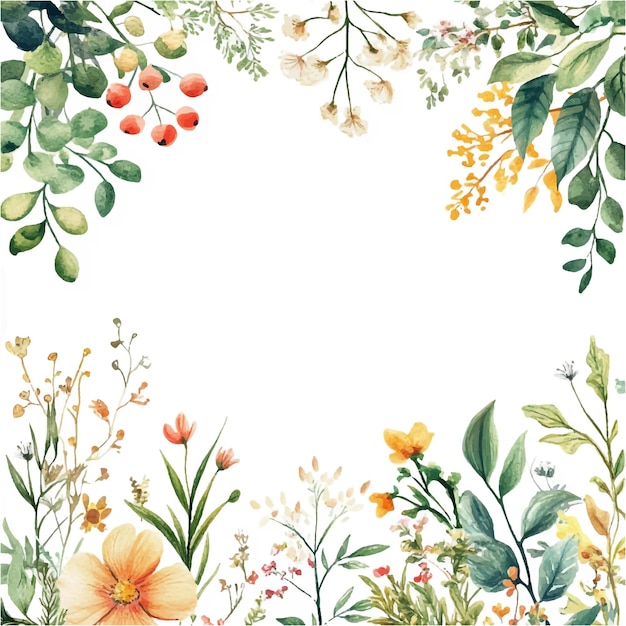 Vector vibrant watercolor floral border a delicate dance of blossoms berries and lush green foliage