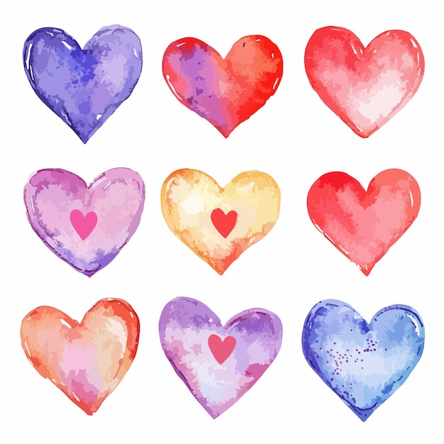 Vector vibrant watercolor heart collection painting for love concept