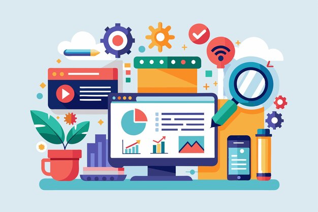 Vector a vibrant workspace showcasing digital marketing tools graphs and charts emphasizing analytics in action seo customizable flat illustration