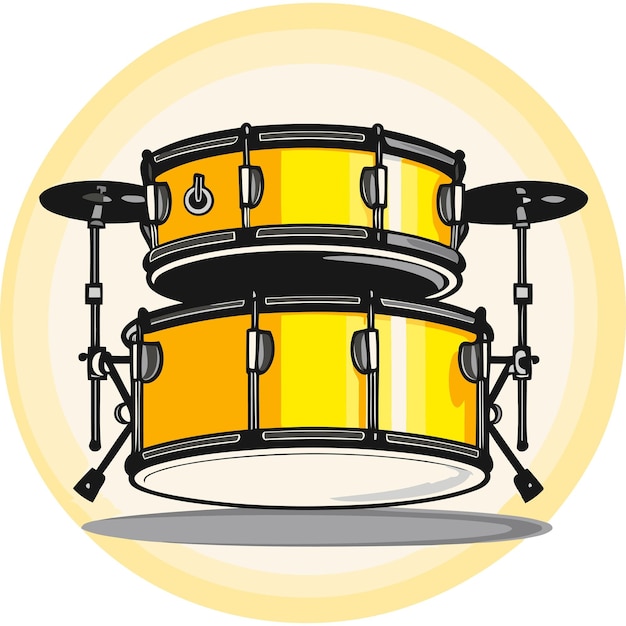 Vector a vibrant yellow drum set featuring a bass drum and a snare drum with cymbals and stands creates a dynamic and energetic visual