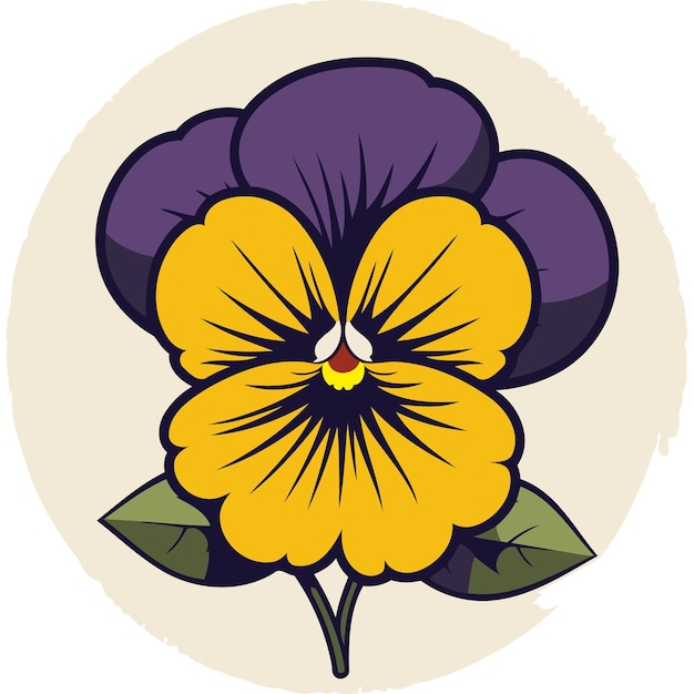 A vibrant yellow pansy flower with purple petals drawn in a cartoon style against a beige background