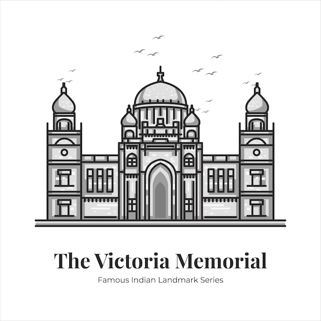 Victoria Memorial Indian Famous Iconic Landmark Cartoon Line Art Illustration