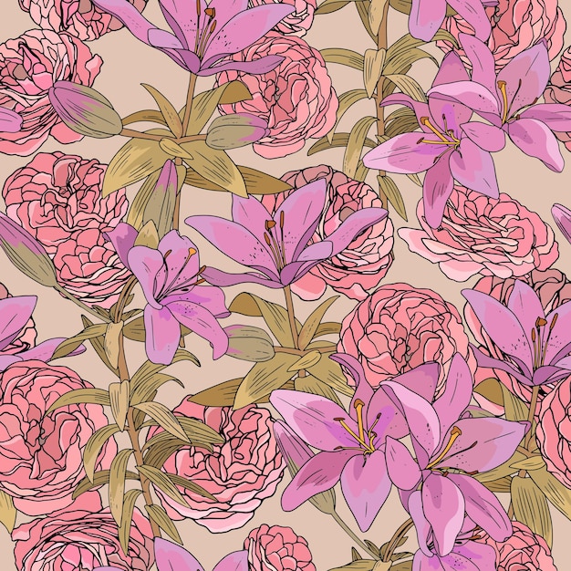 Victorian style vintage pattern with tea roses and pink lilies on beige background