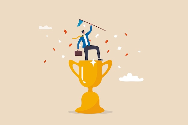 Victory or business achievement triumph or award winning accomplishment for leadership success determination for career success concept cheerful businessman winner raising flag on winning trophy