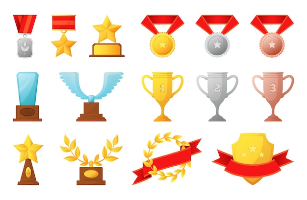 Victory cup set Golden graphic elements award win objects Gold silver or bronze medals Triumph shield with ribbon Tournament rewards vector first place symbol champion prize