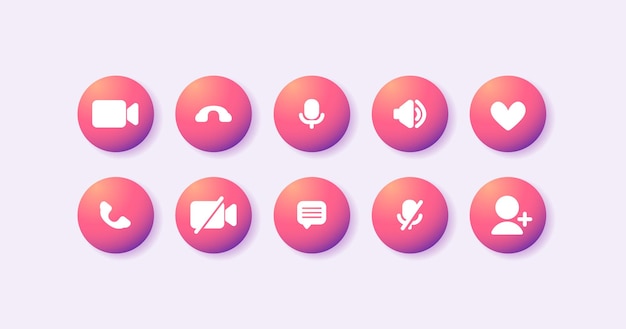 Video call icons set for online conference app Pink buttons for chat interface Vector illustration