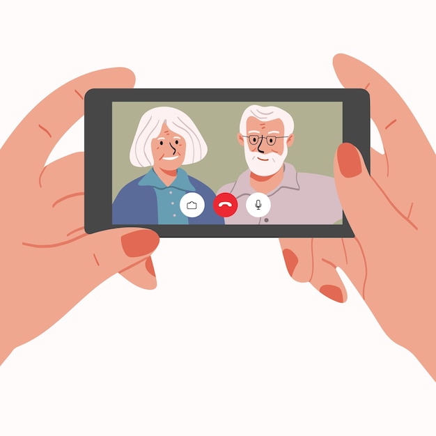 Video call with grandparents or parents illustration in cartoon flat style