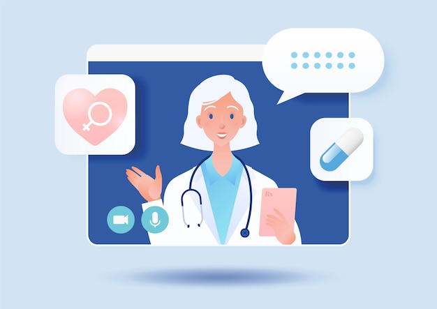 Video calling female doctor using online app online doctor concept vector illustration