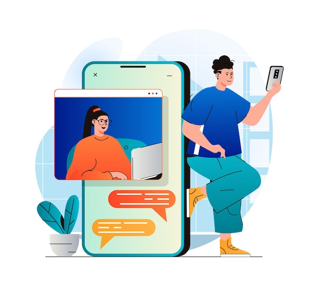 Video chatting concept in modern flat design Man and woman communicate by video call